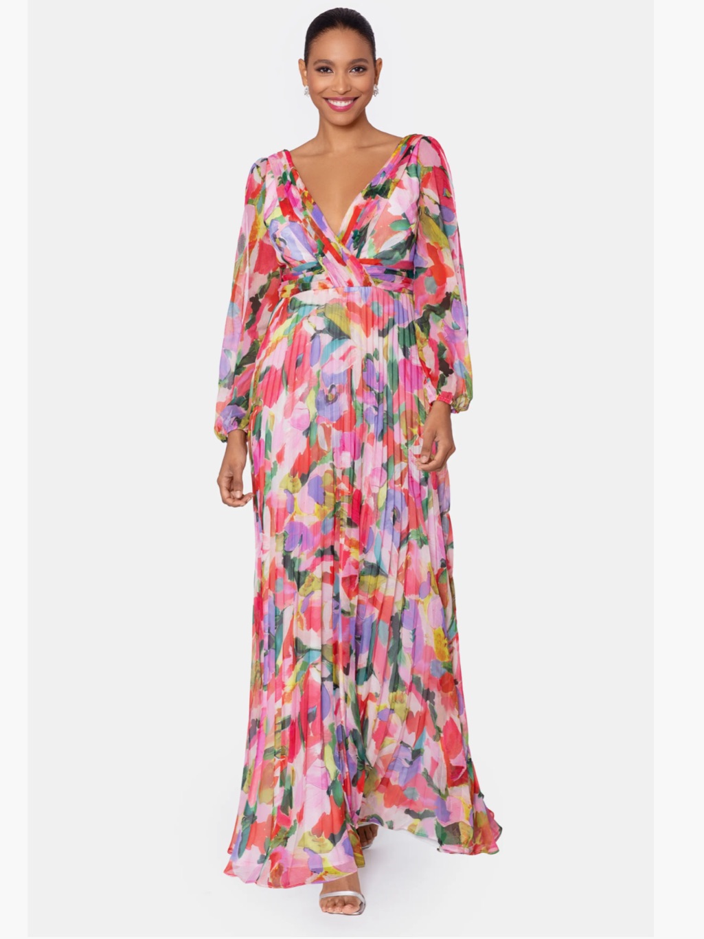 Nwt Betsy & Adam Floral Pleated Chiffon Maxi Dress Size 6